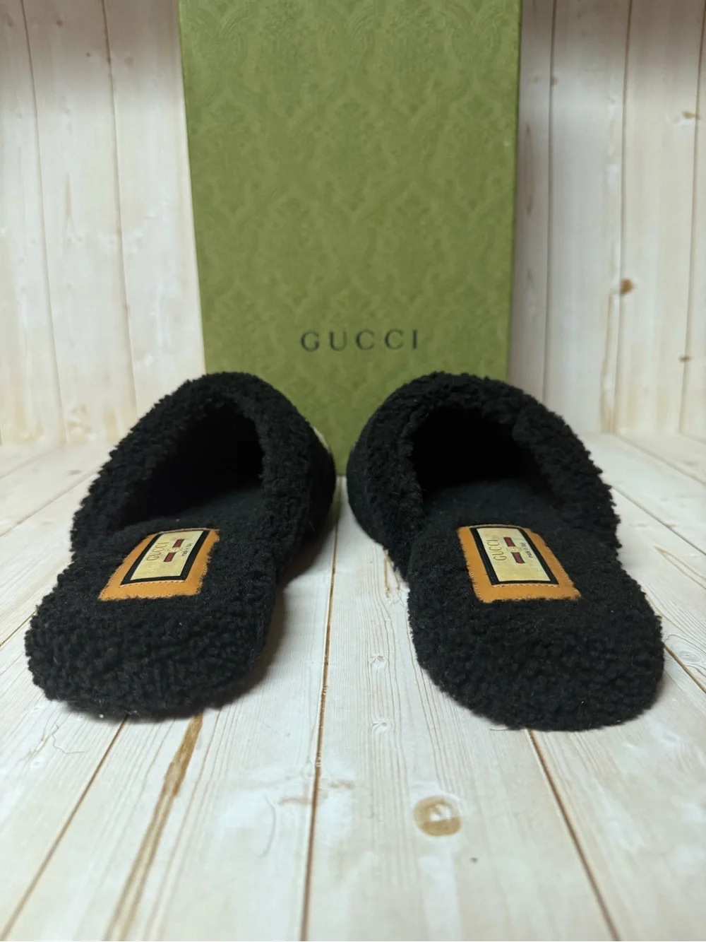 Gucci Faux Shearling Interlocking G Eileen Slipper Mules Black Sz 8G / 8.5US